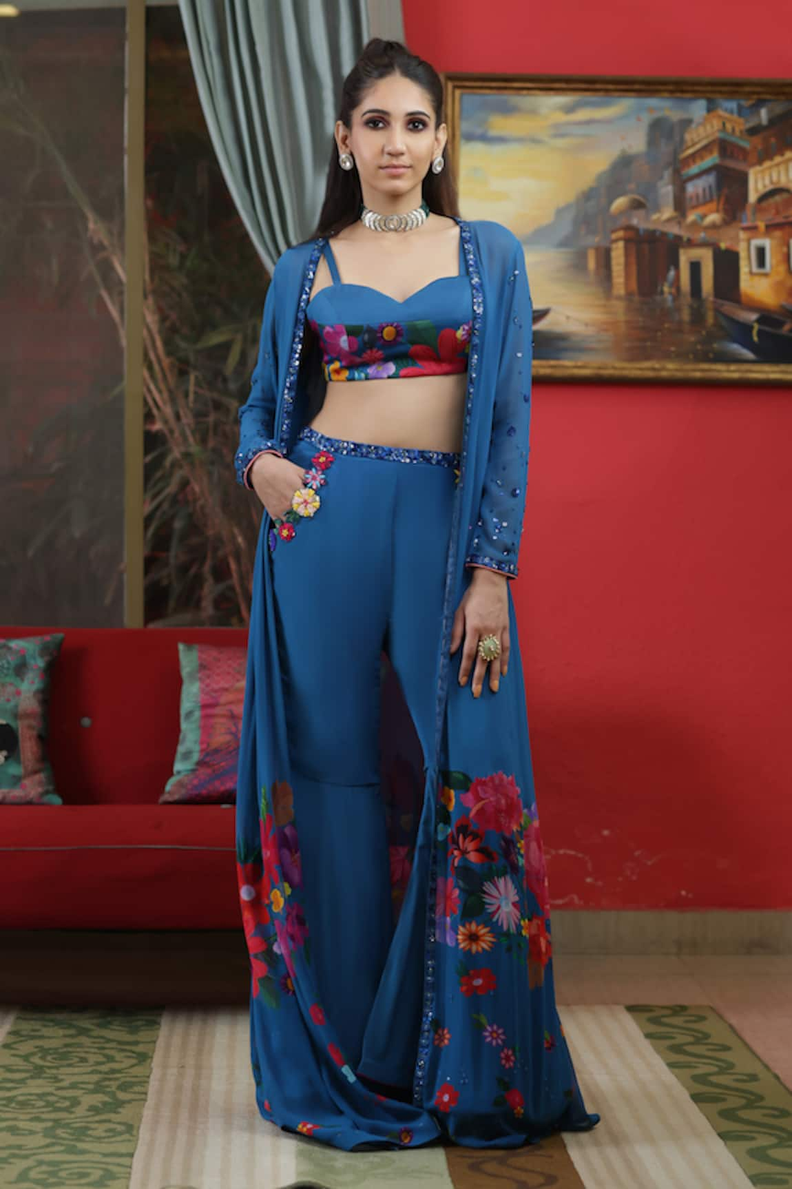 Amit Sachdeva Floral Print Cape Pant Set