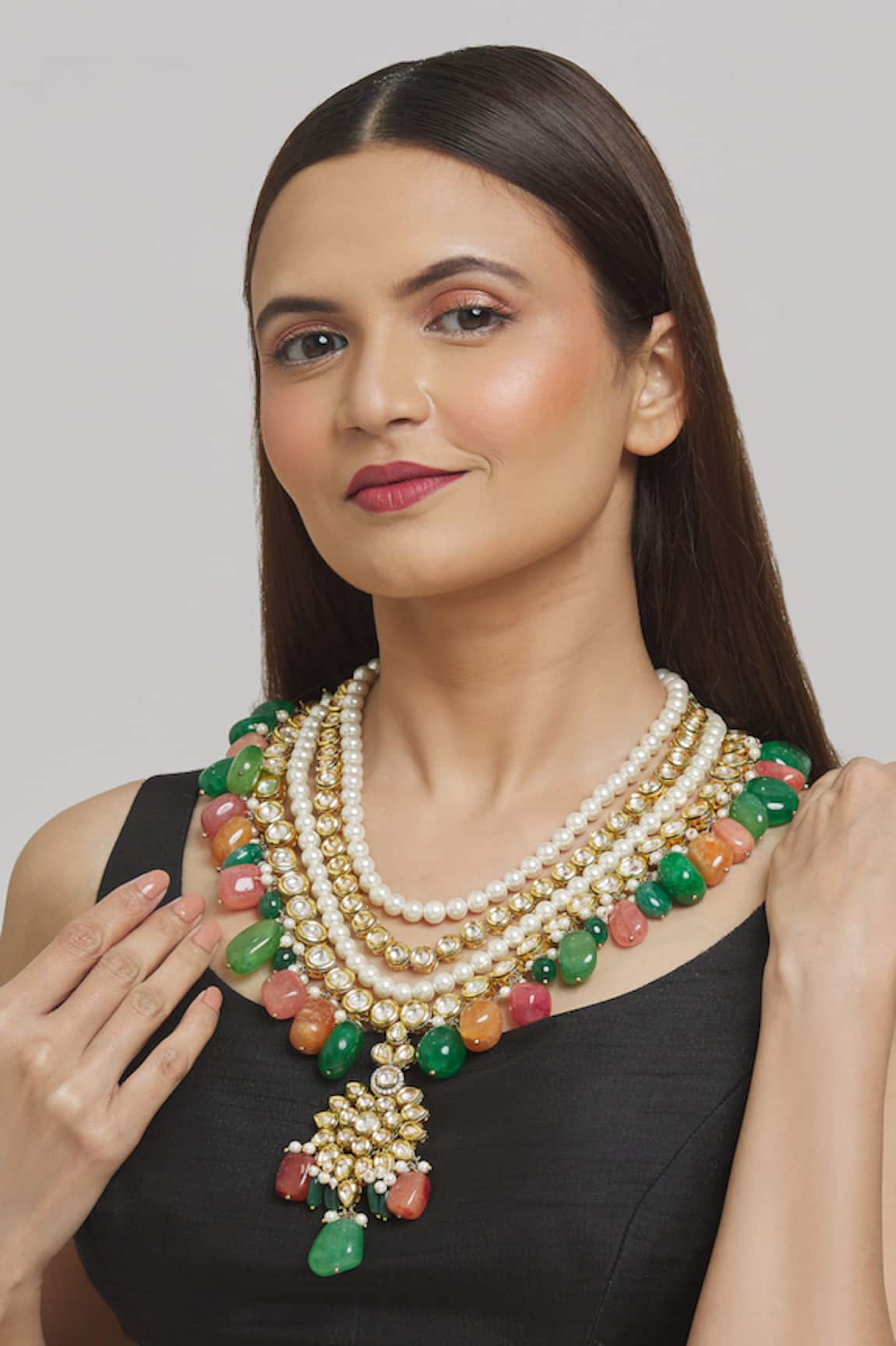 Prerto Layered Kundan & Bead Drop Necklace 