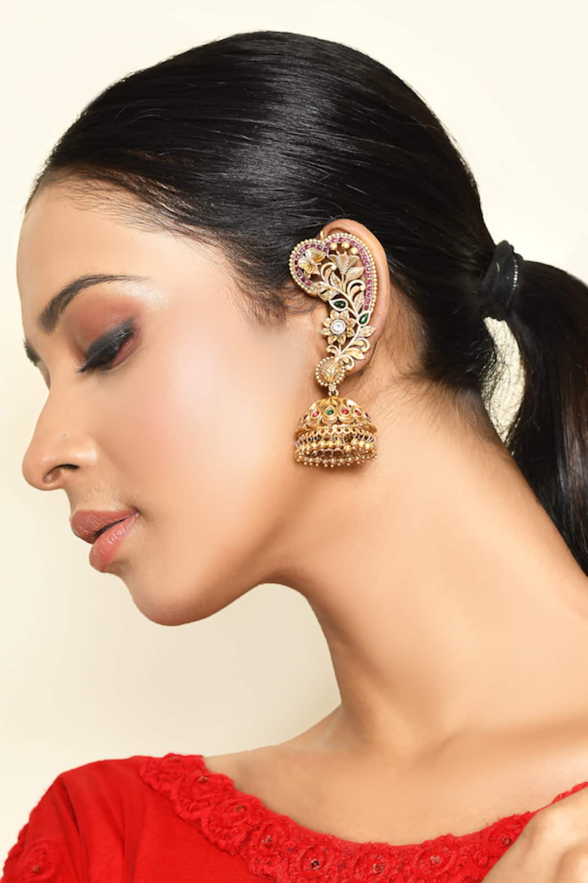 Saga Jewels Floral Carved Jhumka Earrings