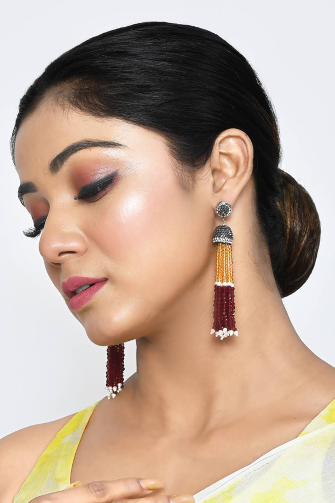 Desi Bijouu Crystal Beads Tasselled Dangler Earrings