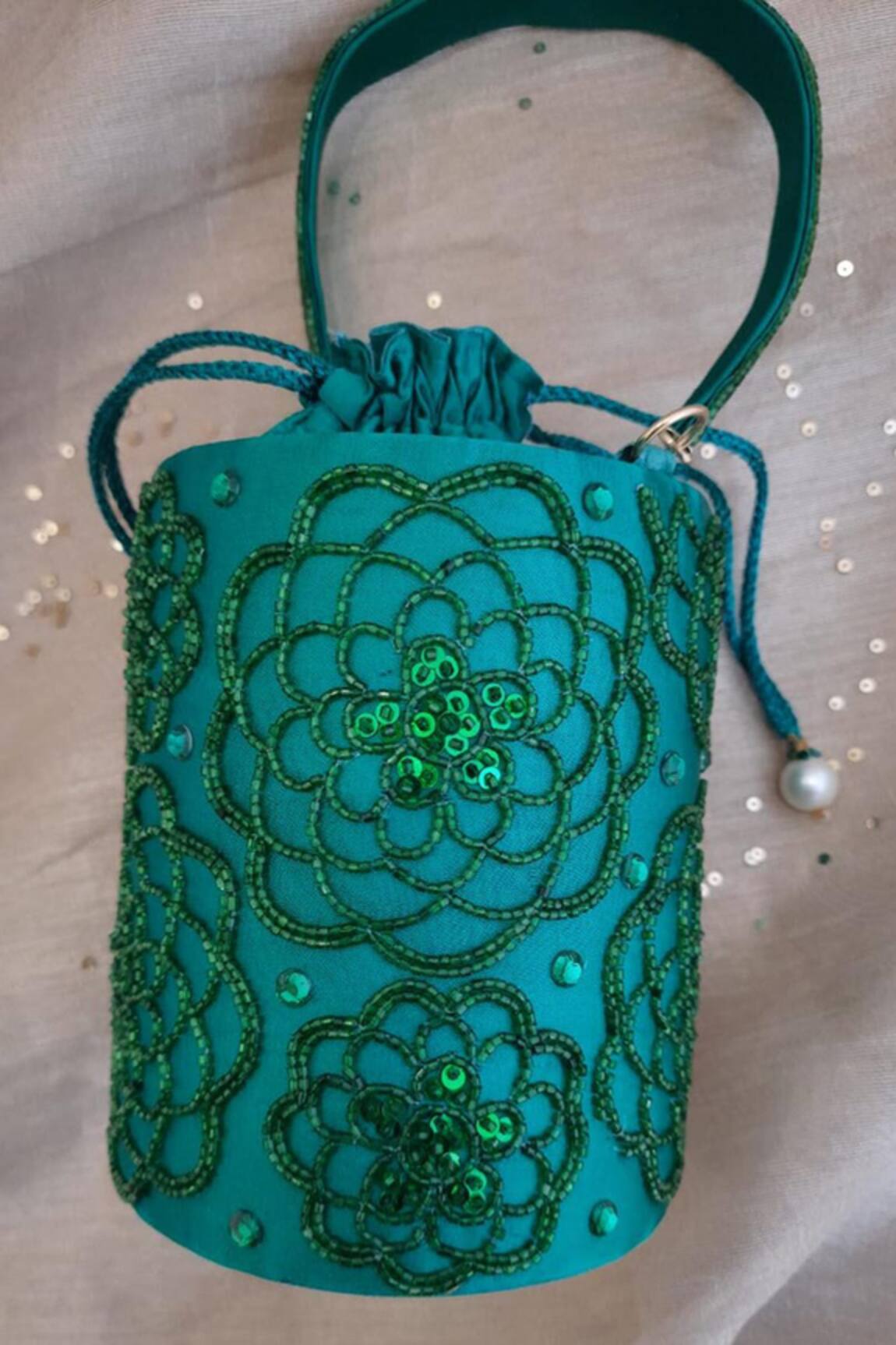 FEZA BAGS Floral Cutdana Embroidered Cylindrical Potli