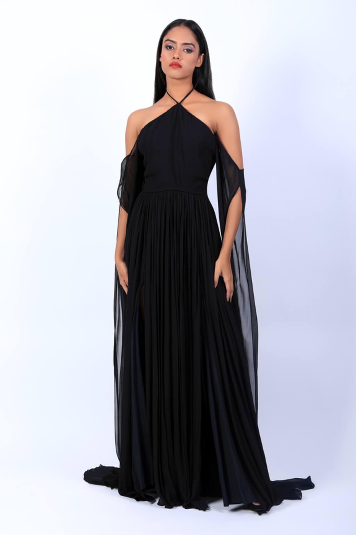 Swatee Singh Black Georgette Halter Neck Gown 