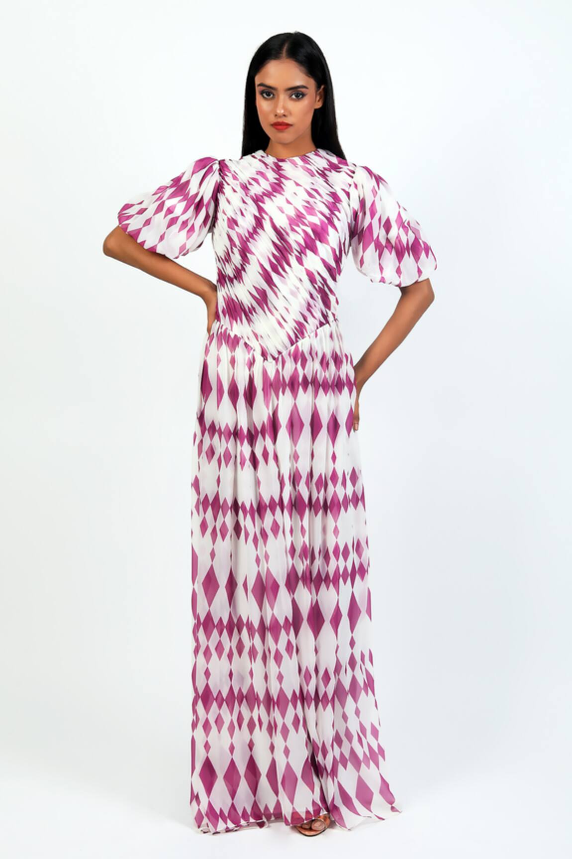 Swatee Singh Balloon Sleeve Diamond Pattern Gown