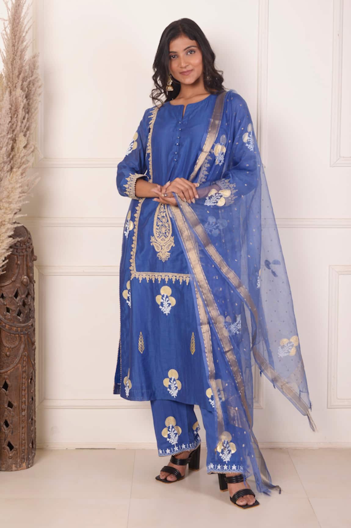 Abbaran Chanderi Foil Block Print Kurta Palazzo Set