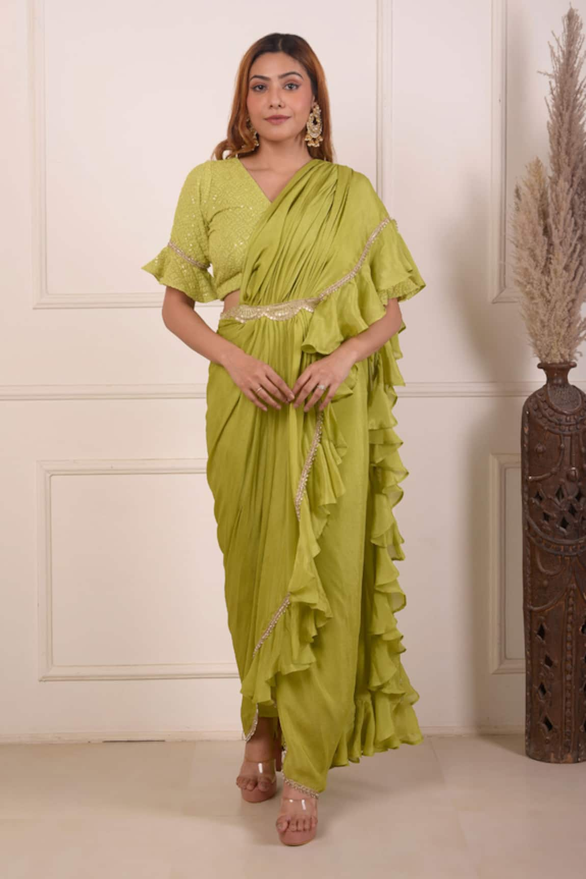 Abbaran Pre-Draped Saree With Lucknowi Work Blouse