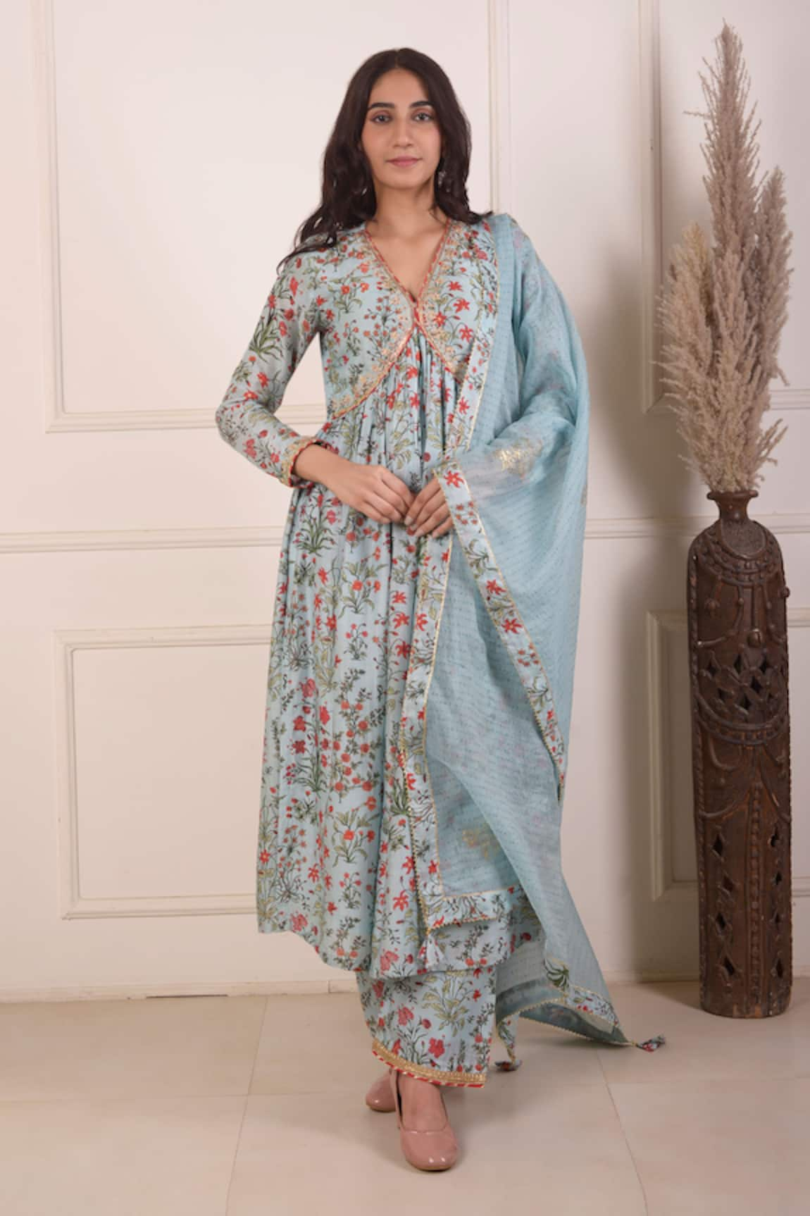 Abbaran Gathered Digital Print Anarkali Palazzo Set