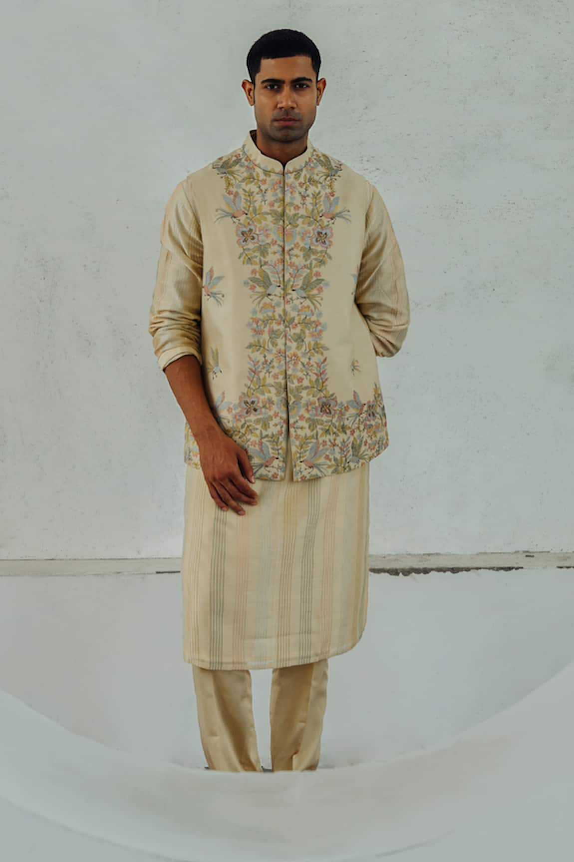 WABI SABI BY ANSHUM-RITESH Ikat Story Embroidered Bundi & Kurta Set