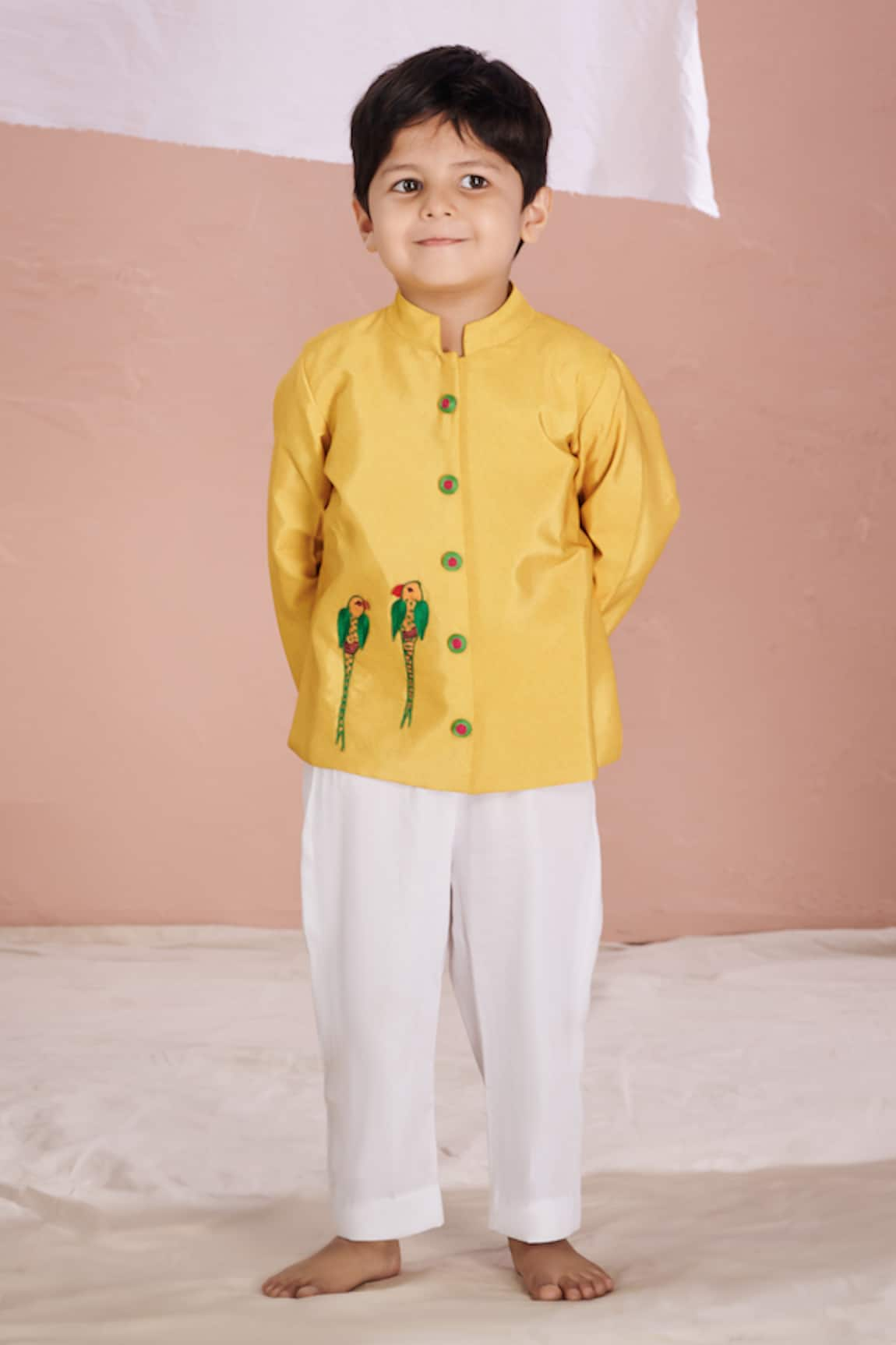 Vivedkids Parrot Applique Embroidered Bandhgala & Pant Set