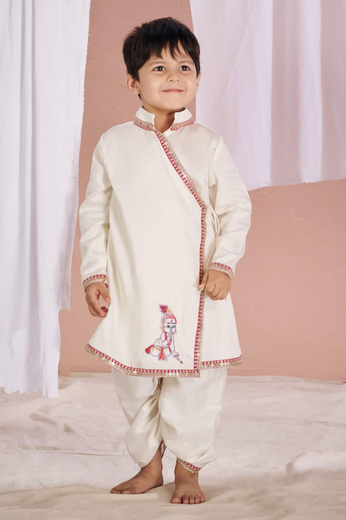 Vivedkids Linen Krishna Embroidered Kurta & Dhoti Pant Set