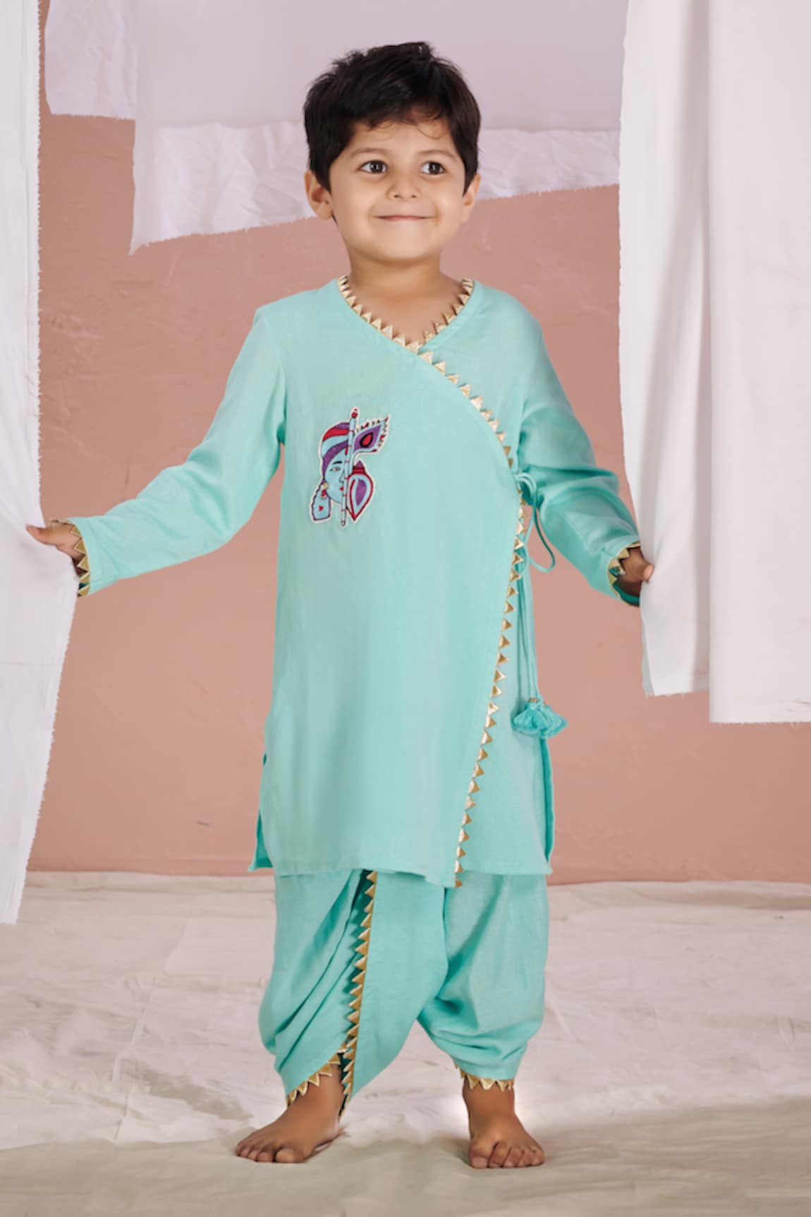 Vivedkids Linen Krishna Embroidered Kurta & Dhoti Pant Set