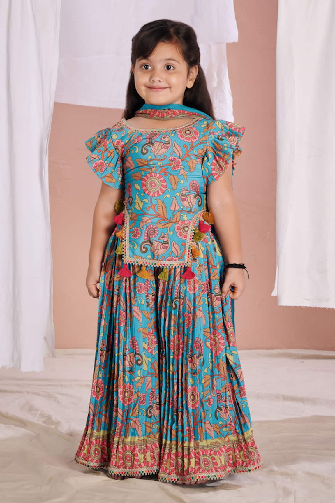 Vivedkids Kalamkari Tassled Blouse Sharara Set