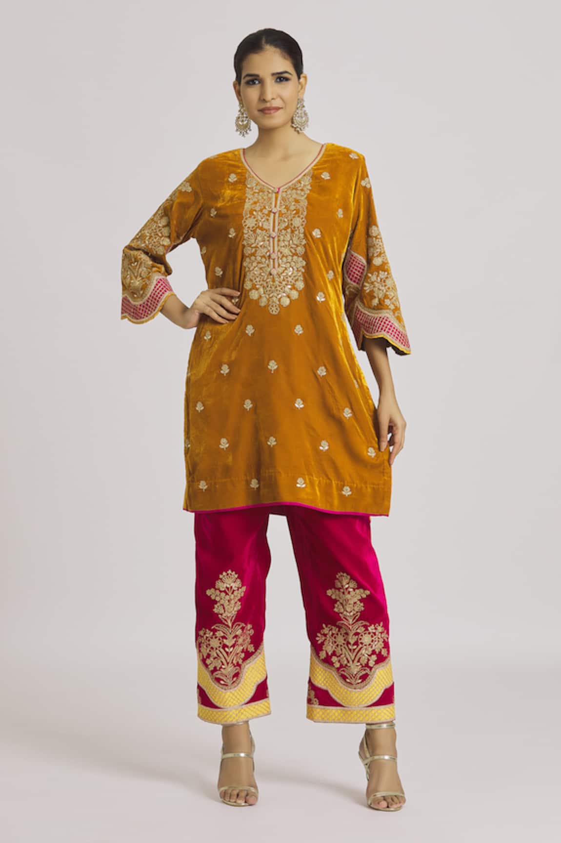 Rahul Singh Embroidered Velvet Kurta & Contrast Pyjama Set