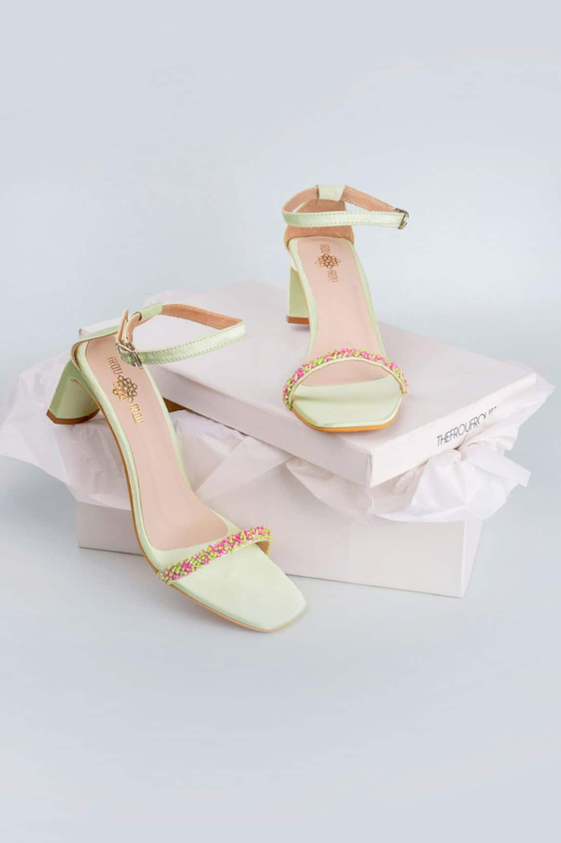 THE FROU FROU STUDIO Pink Vegan Leather Pearl Embellished Strap Block Heels