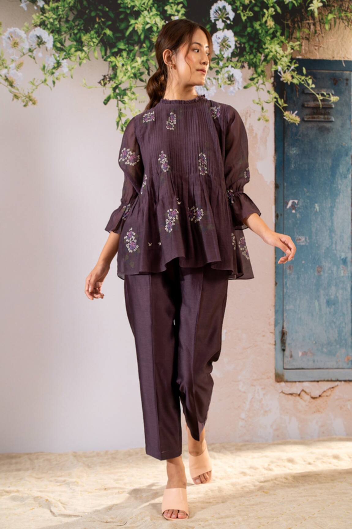 Arcvsh By Pallavi Singh Cotton Chanderi Dahlia Print Top With Pant