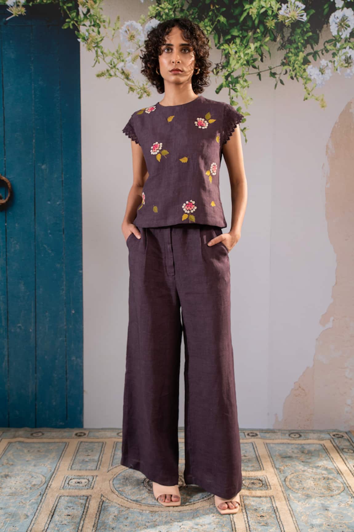 Arcvsh By Pallavi Singh Floral Embroidered Linen Top & Pant Set