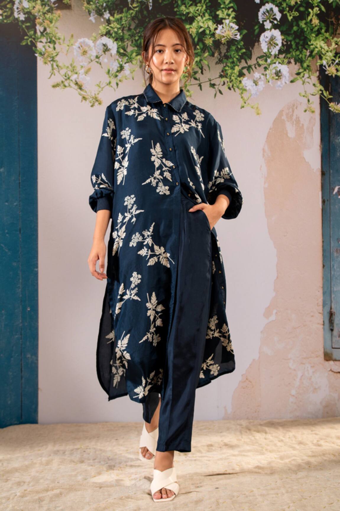 Arcvsh By Pallavi Singh Silk Floral Sprig Long Shirt Top With Pant