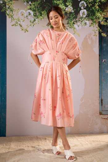 Arcvsh By Pallavi Singh Silk Chanderi Floral Print Box Pleat Dress 