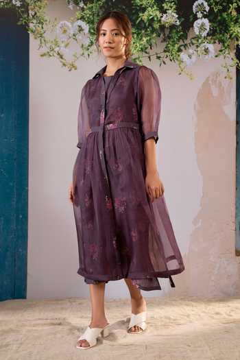 Arcvsh By Pallavi Singh Linen Floral Print Dress With Organza Jacket 