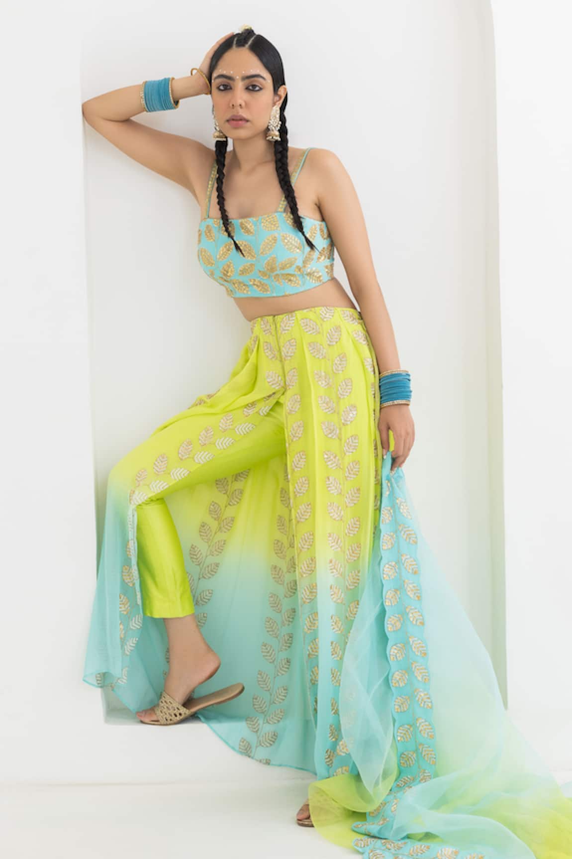 Pooja Rajgarhia Gupta Mogra Leaf Embroidered Draped Trouser Bustier Set