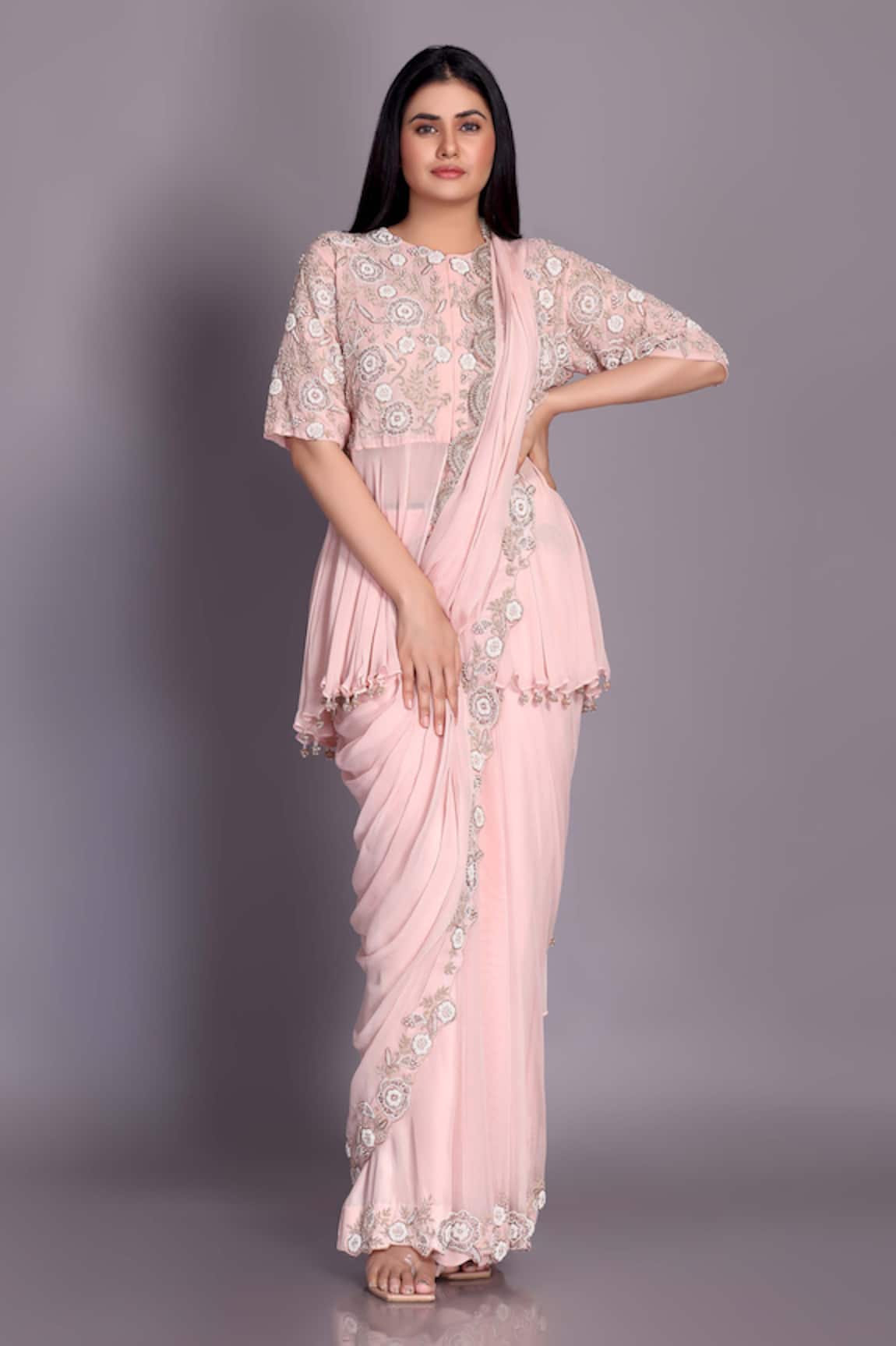 Preeti Jhawar Floral Embroidered Sharara Saree Set 