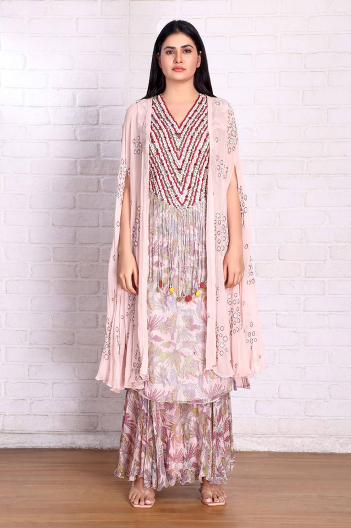 Preeti Jhawar Floral Print Cape Sharara Set
