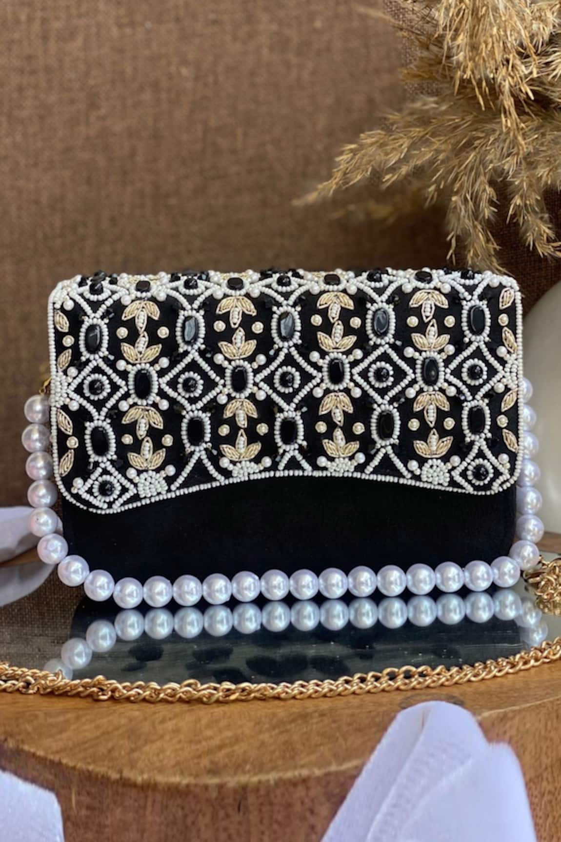 Stitched soles Pearl Embellished Box Clutch