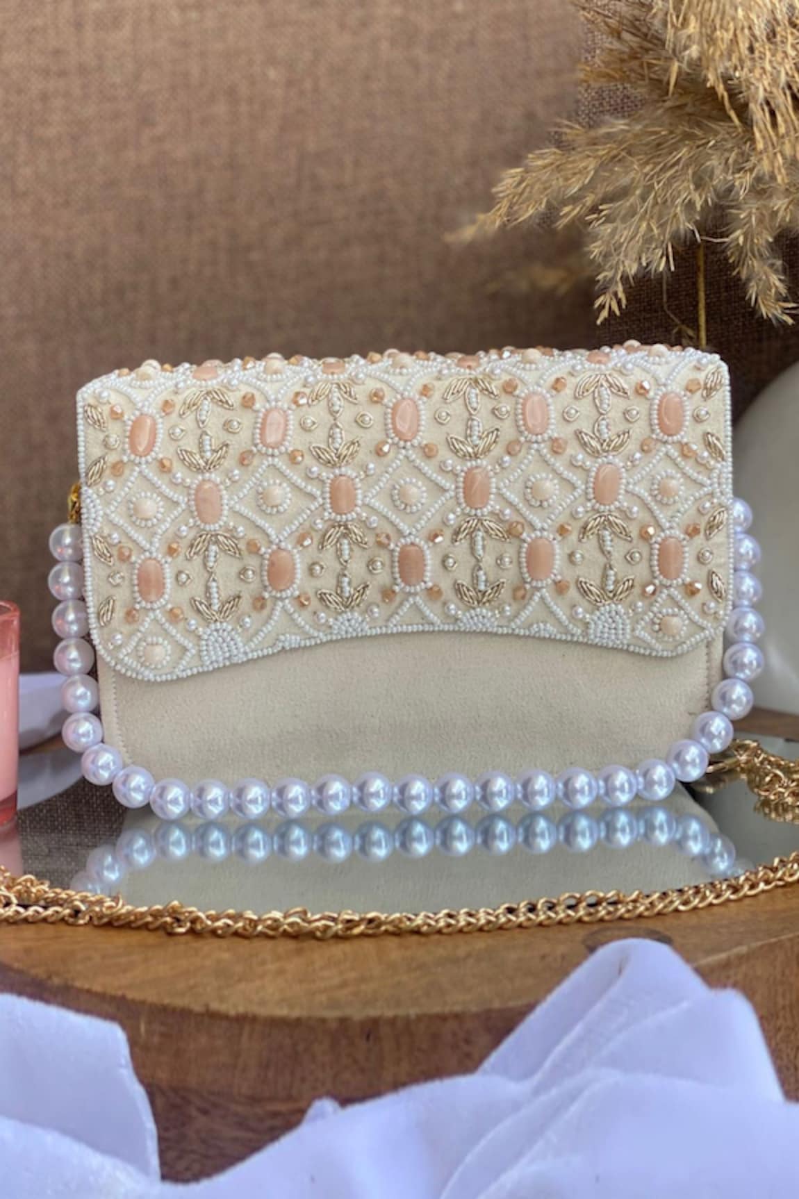 Stitched soles Pearl Embellished Rectangle Box Clutch