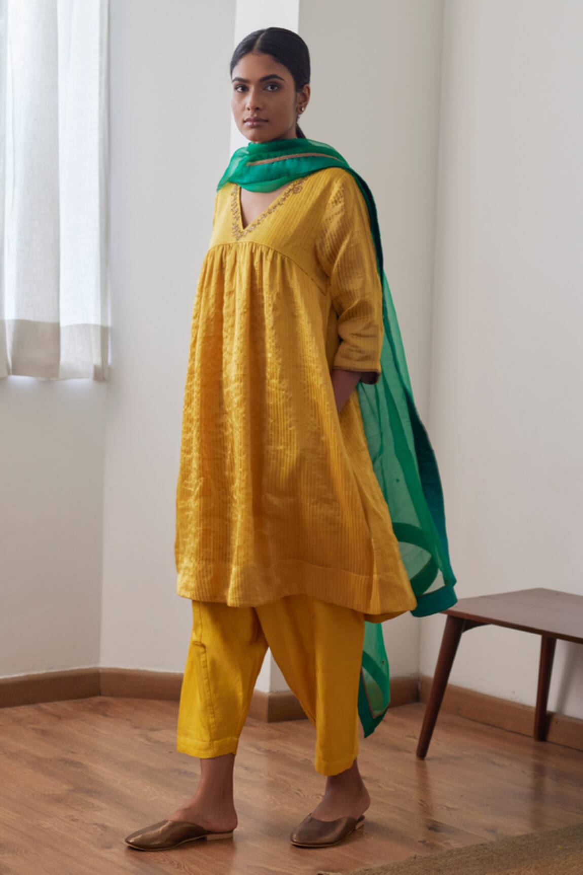 Shorshe Clothing Chanderi Tissue Stripe Woven Anarkali & Salwar Set