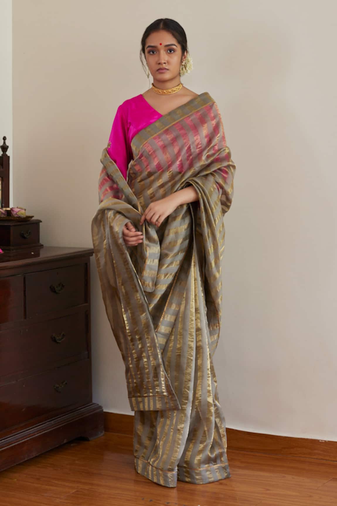 Shorshe Clothing Chanderi Tissue Stripe Saree With Embroidered Blouse