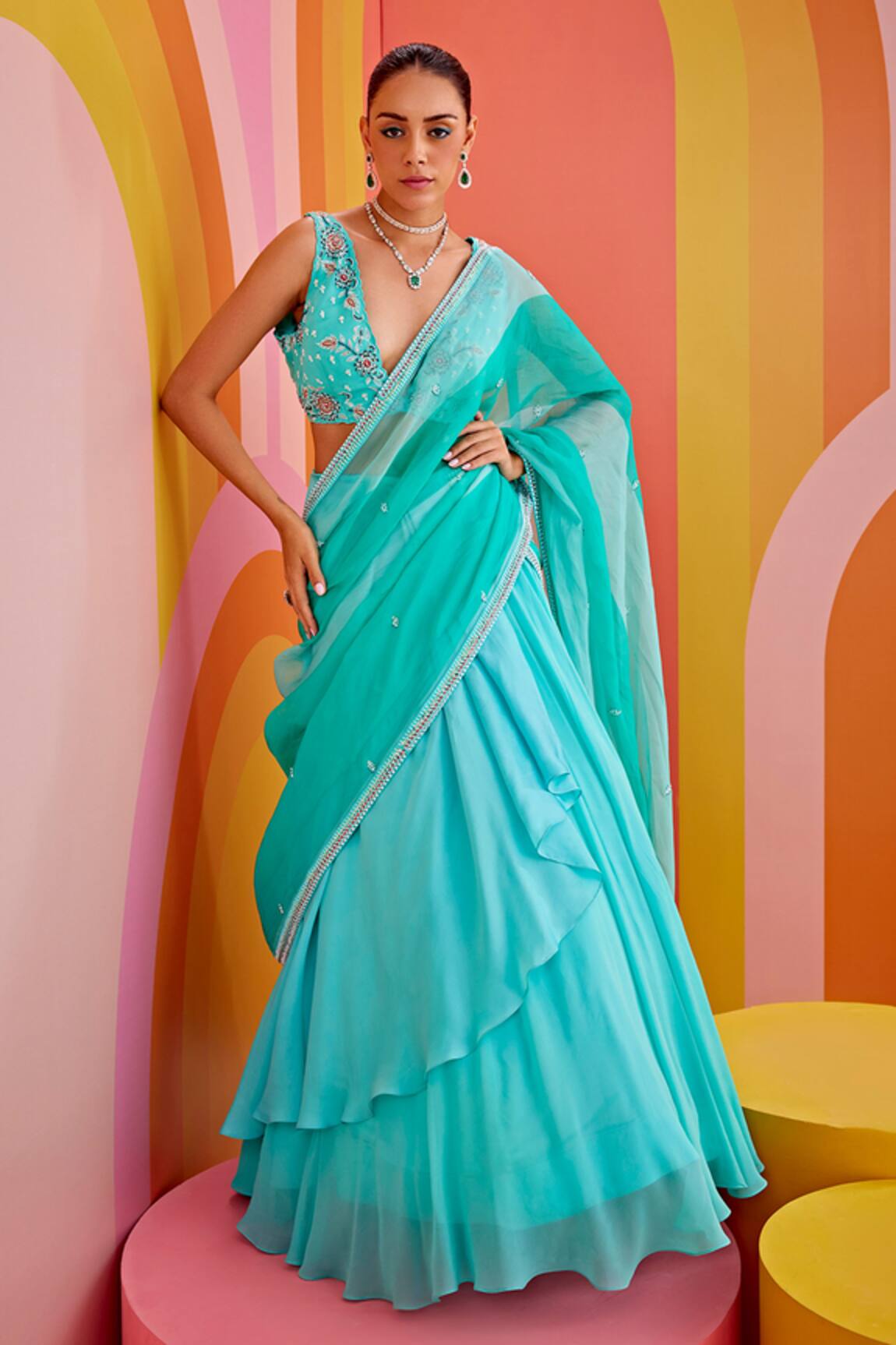 Isha Gupta Tayal Embroidered Blouse & Lehenga Saree Set