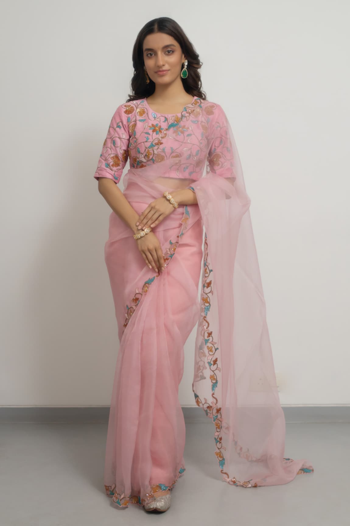 Peeli Dori Lily Border Embroidered Saree With Blouse