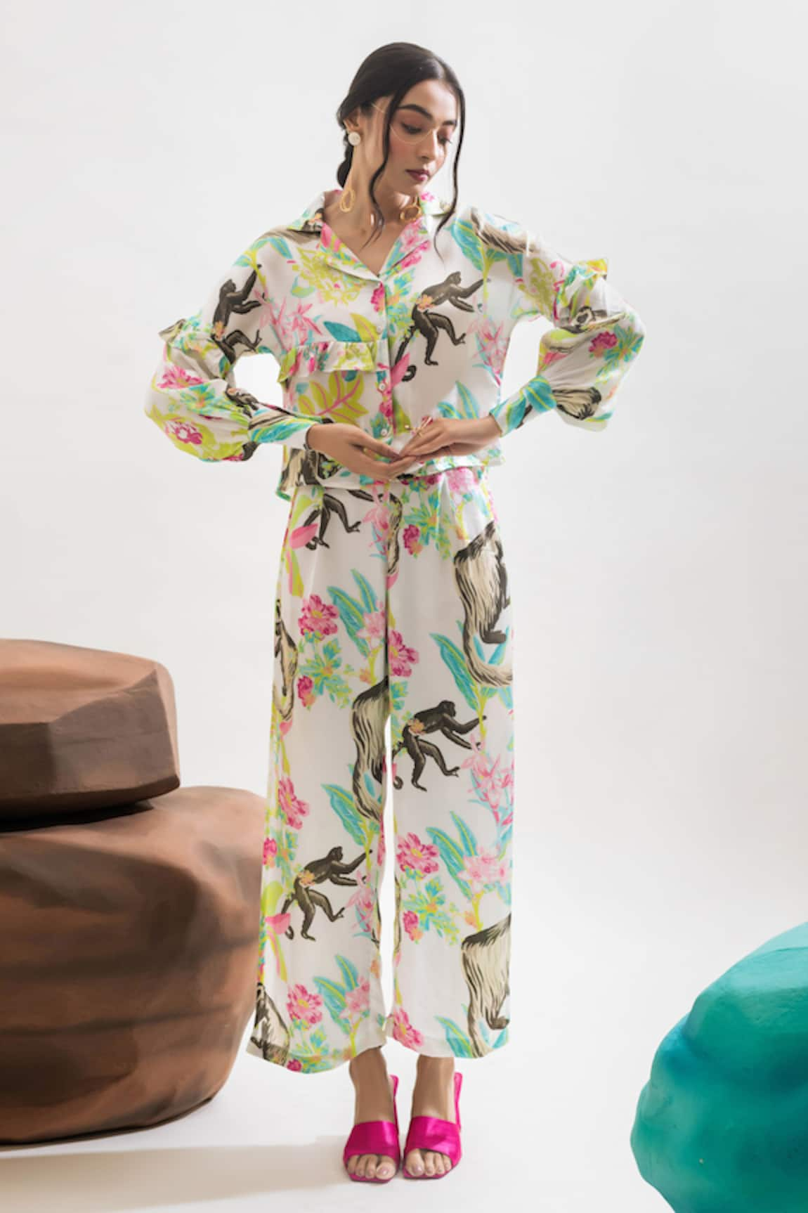 That Thing You Love Printed Satin Frilled Shirt & Slit Pant Set