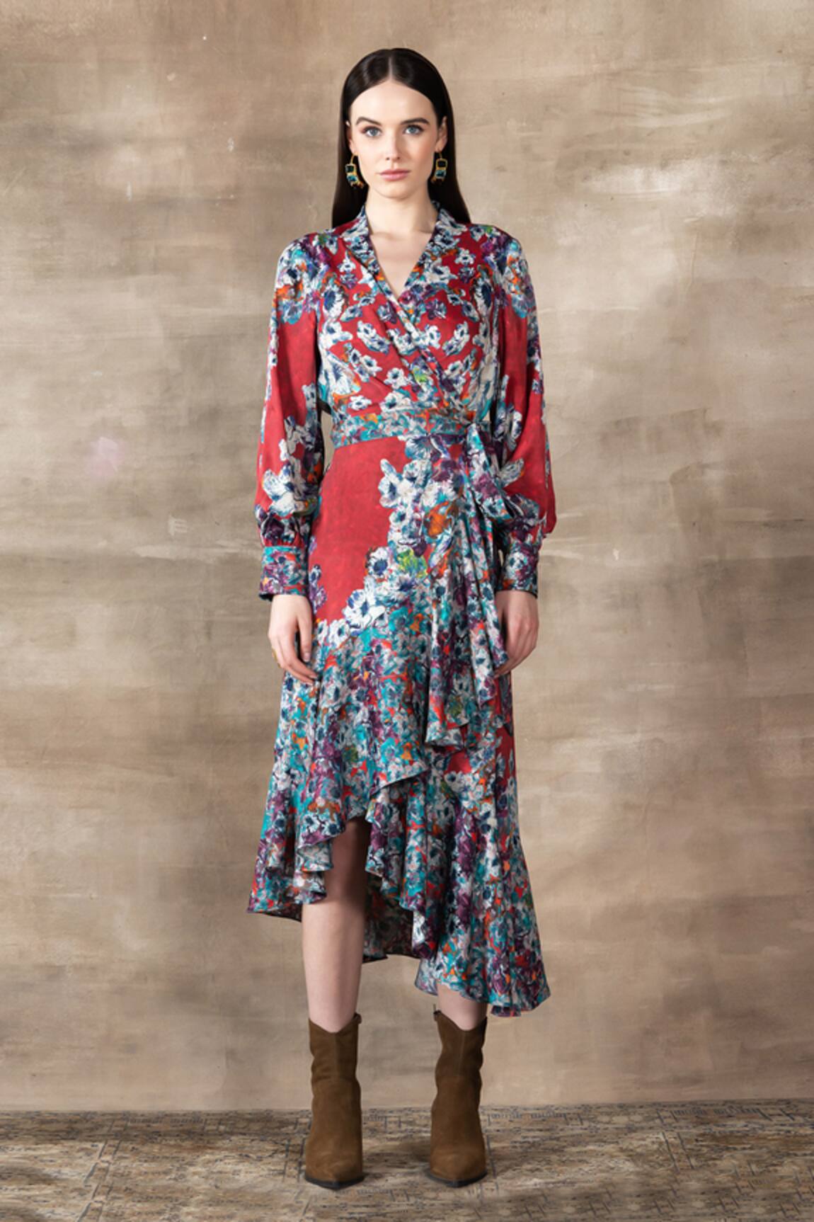 Ranna Gill Naomi Asymmetric Water Lily Print Midi Dress