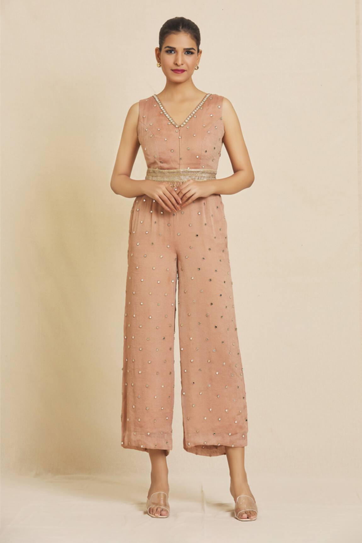 Priti Sahni Hand Embroidered Jumpsuit With Belt
