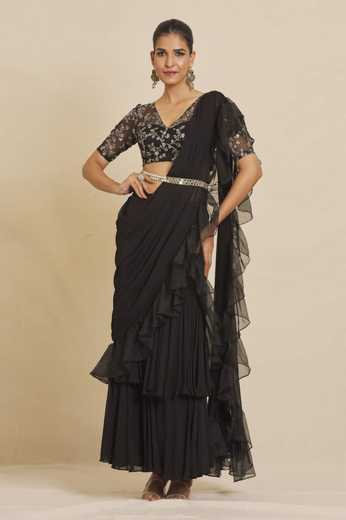 Priti Sahni Pre-Stitched Saree With Embroidered Blouse