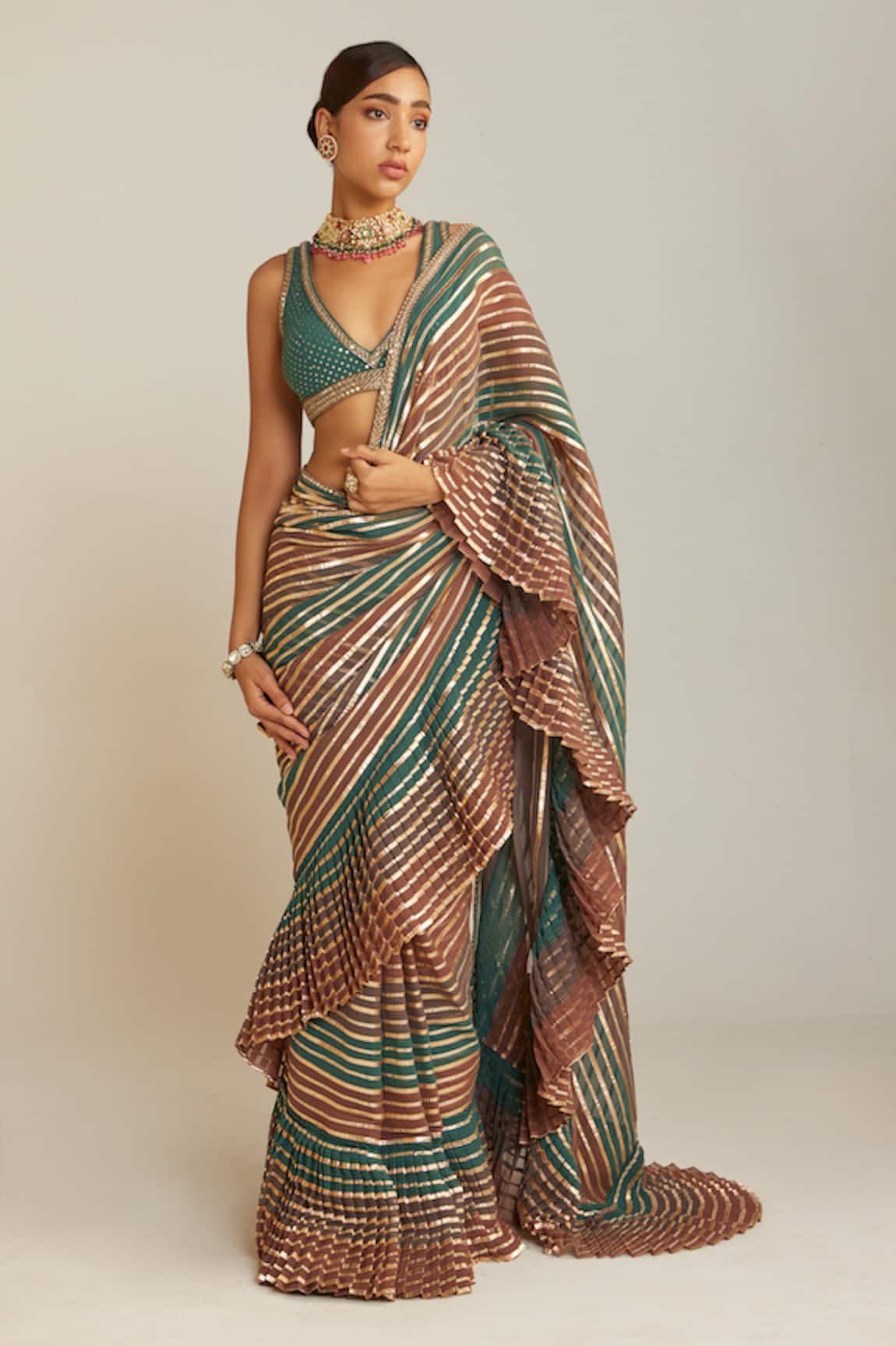 Vvani by Vani Vats Pre-Draped Hand Embroidered Saree With Blouse