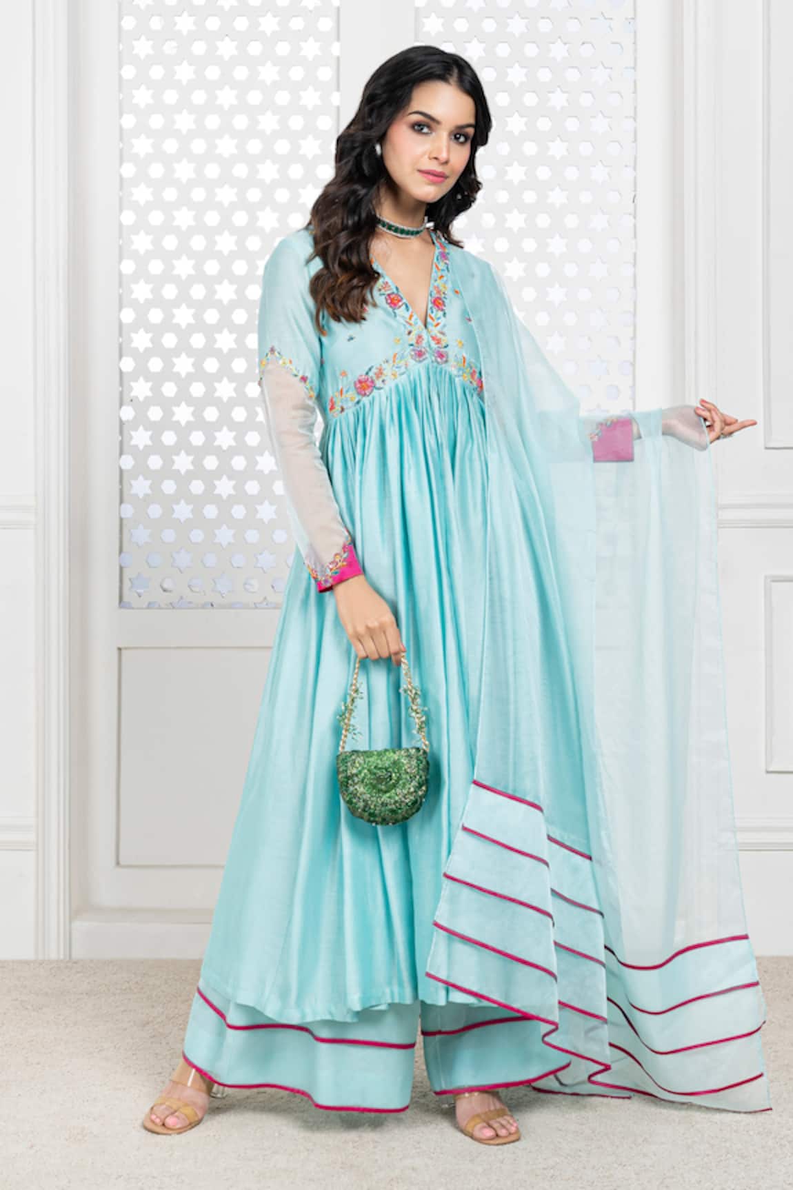 The Aarya Sleeve Embroidered Anarkali Palazzo Set