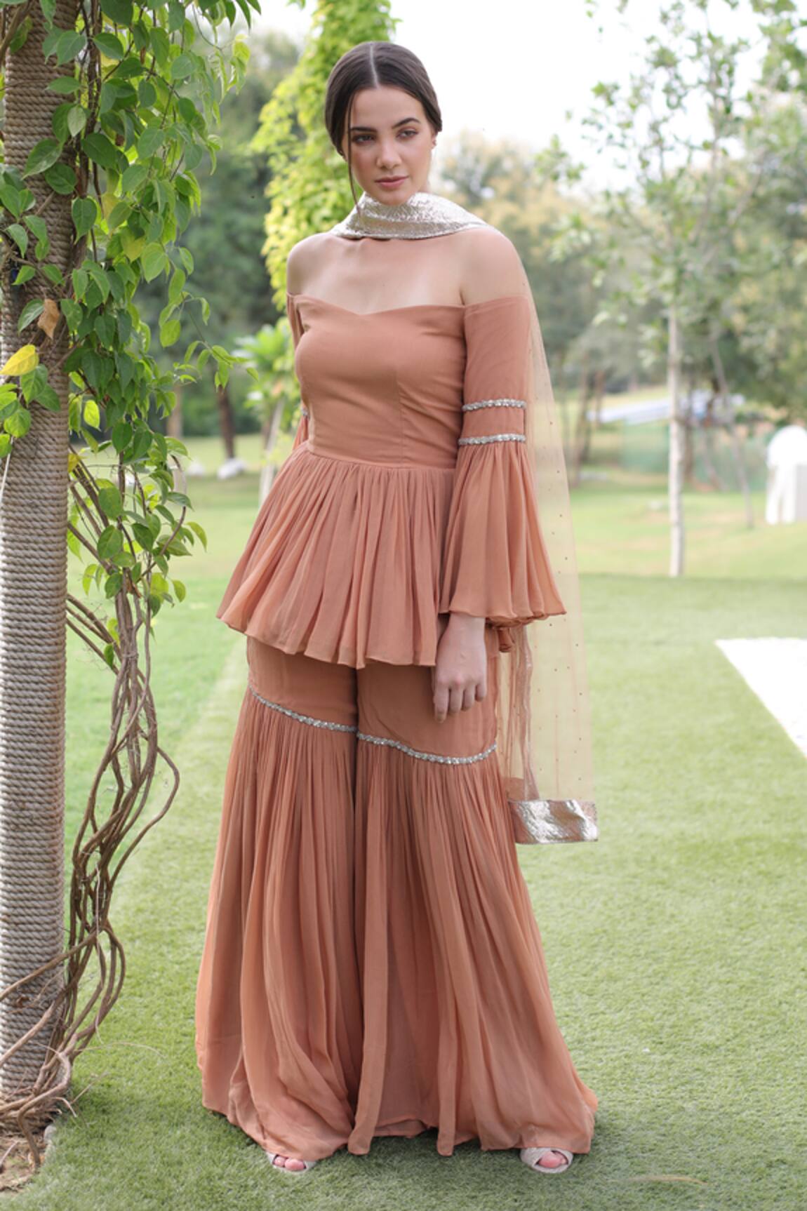 Swatee Singh Sleeve Embroidered Off-Shoulder Top Sharara Set 