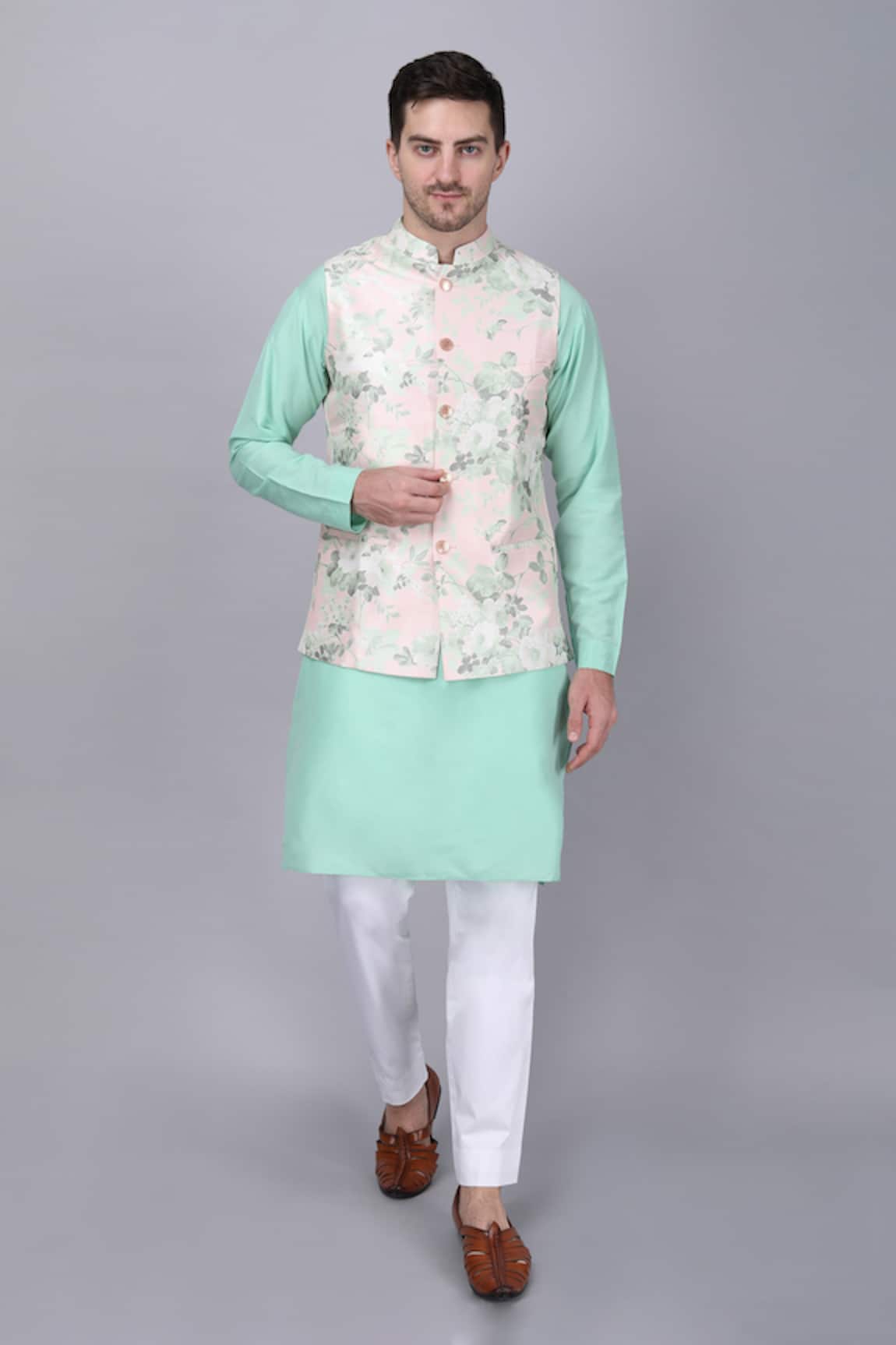Manish Nagdeo Floral Bloom Print Bundi & Kurta Set