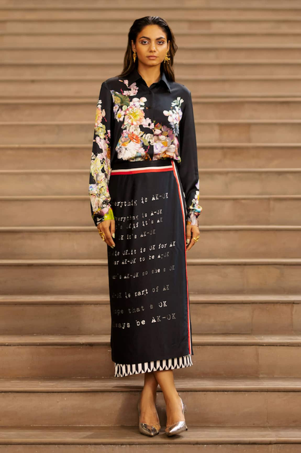 AK-OK Silk Calligraphy Wrap Skirt With Shirt