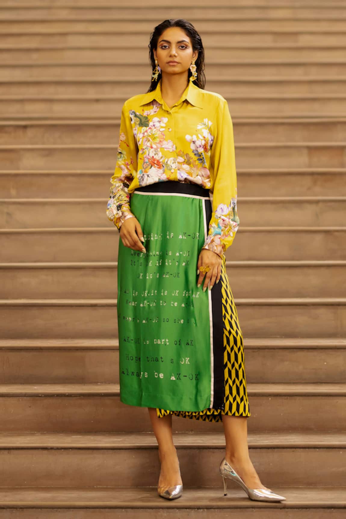 AK-OK Silk Wrap Skirt With Shirt 