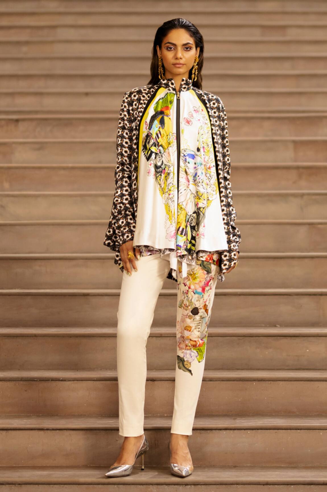 AK-OK Silk Floral Print Flared Top With Pant