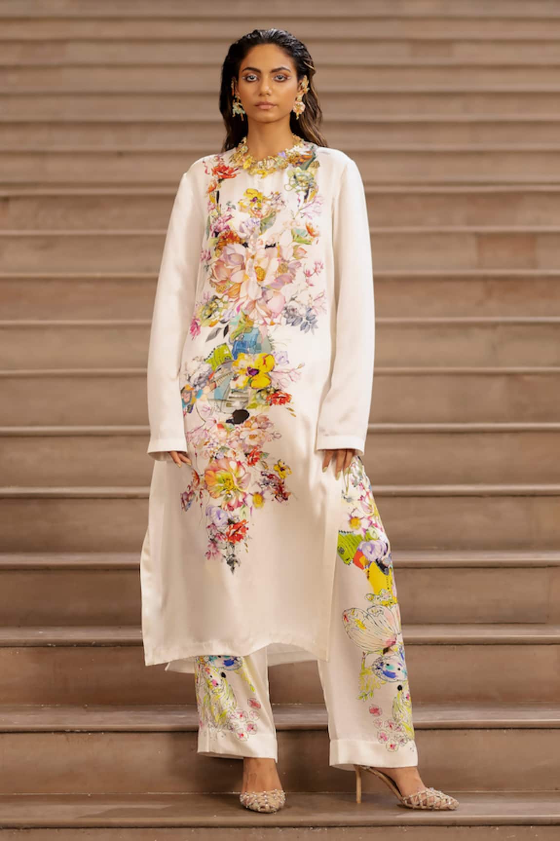 AK-OK Silk Blossom Print Kurta With Trouser