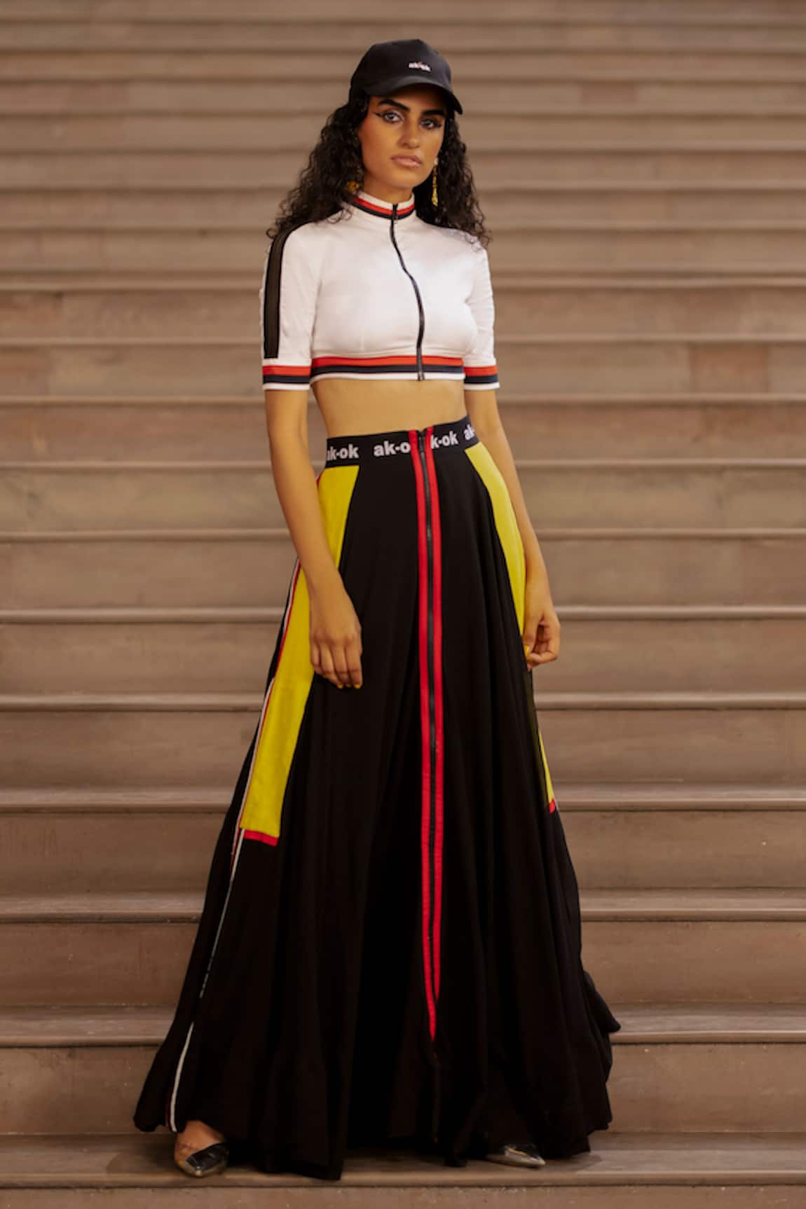 AK-OK Panelled Crop Top With Skirt