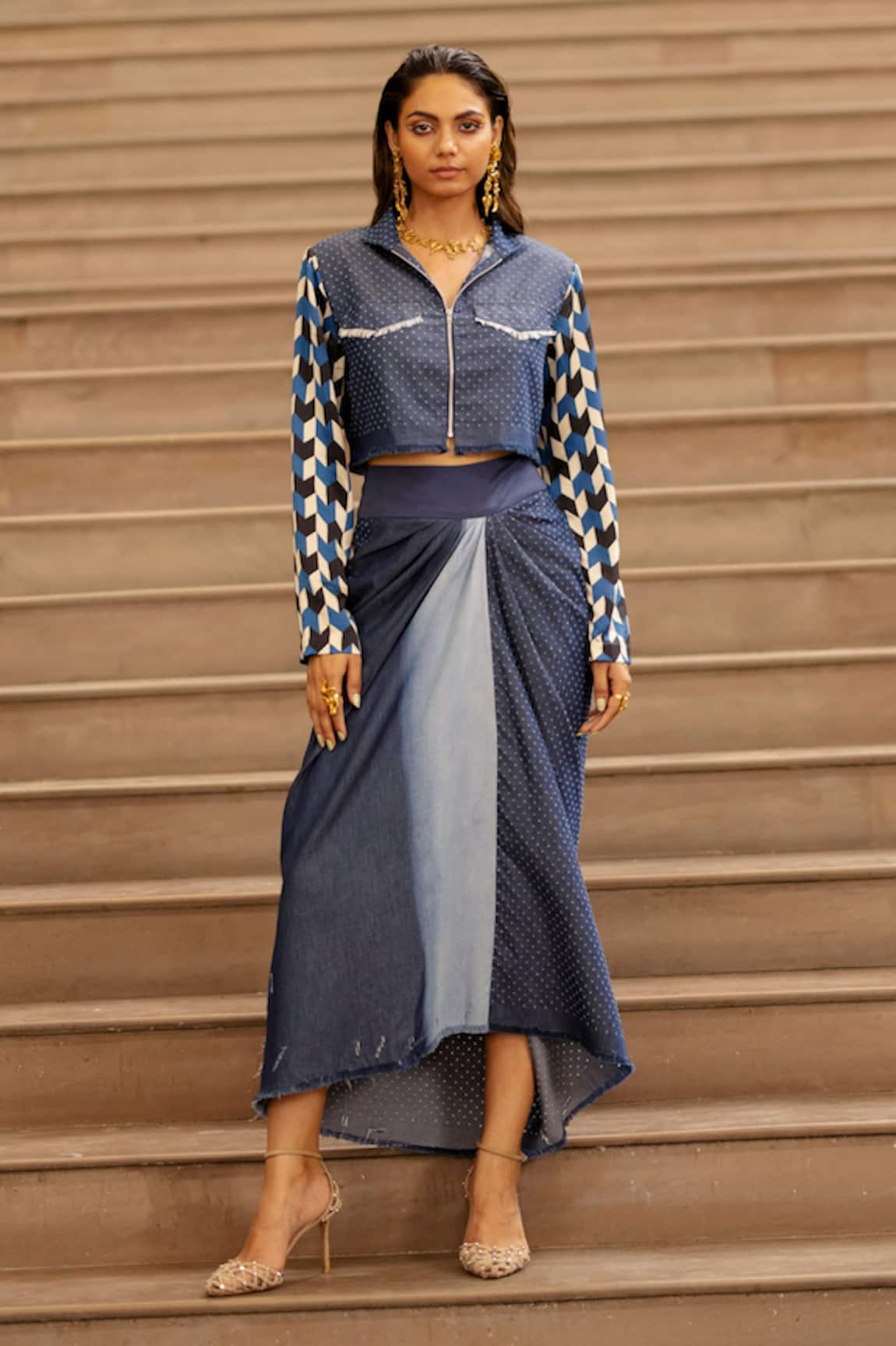 AK-OK Denim Sleeve Printed Jacket & Knotted Skirt Set