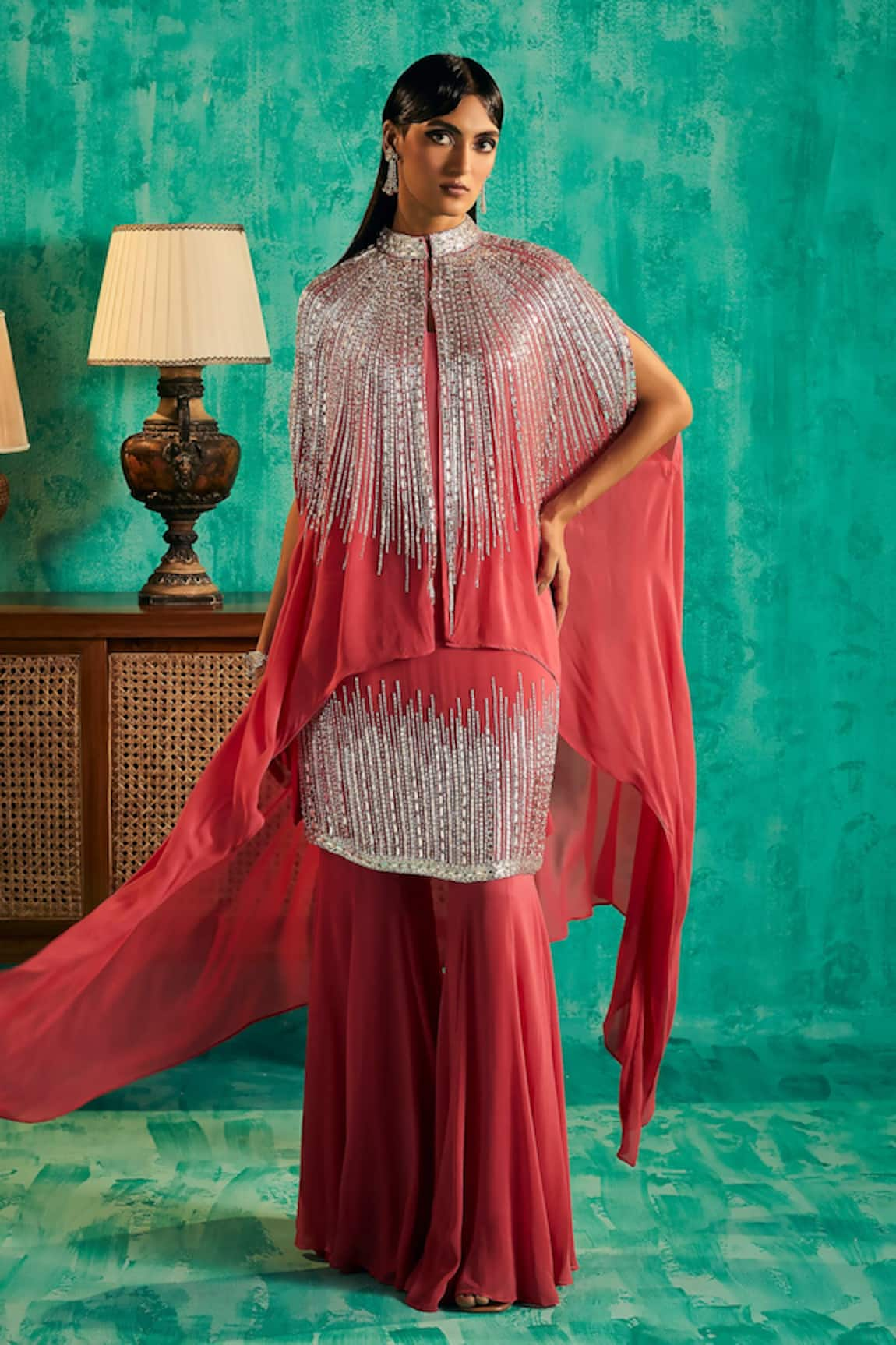 Shian Embellished Cape Sharara Set