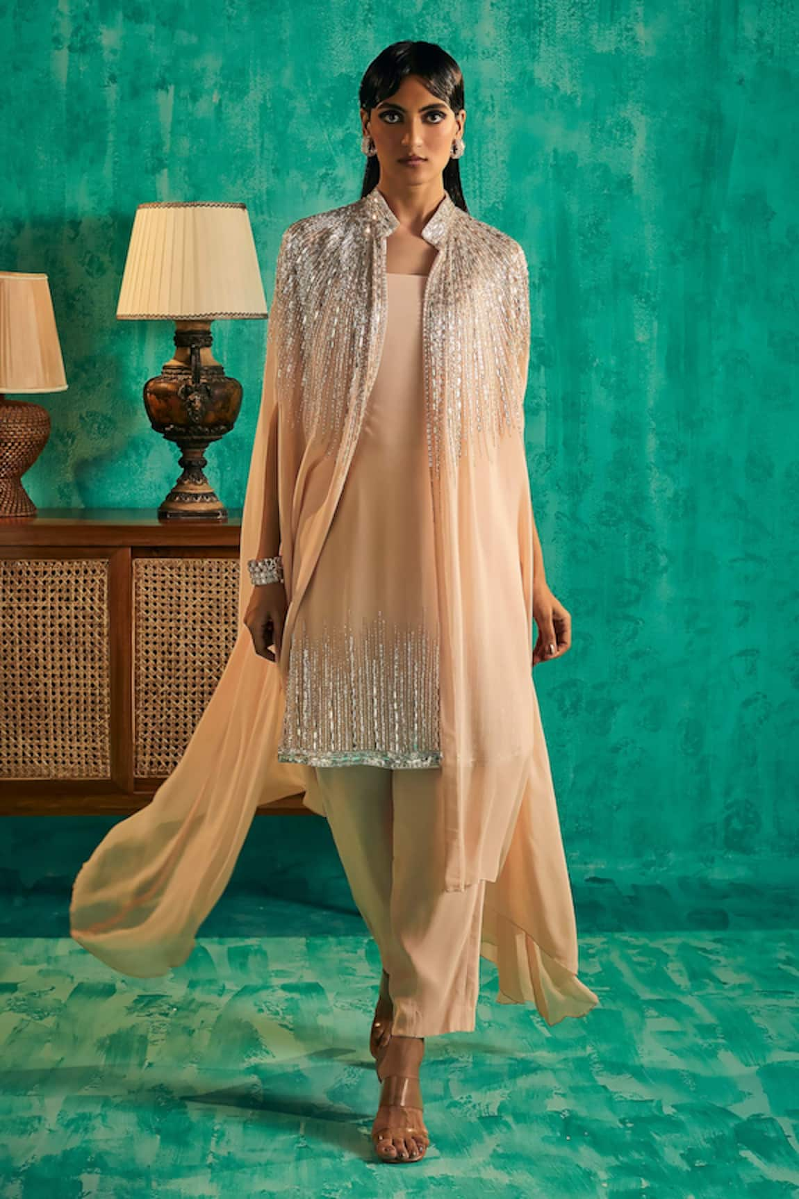 Shian Crystal Embellished Cape Pant Set