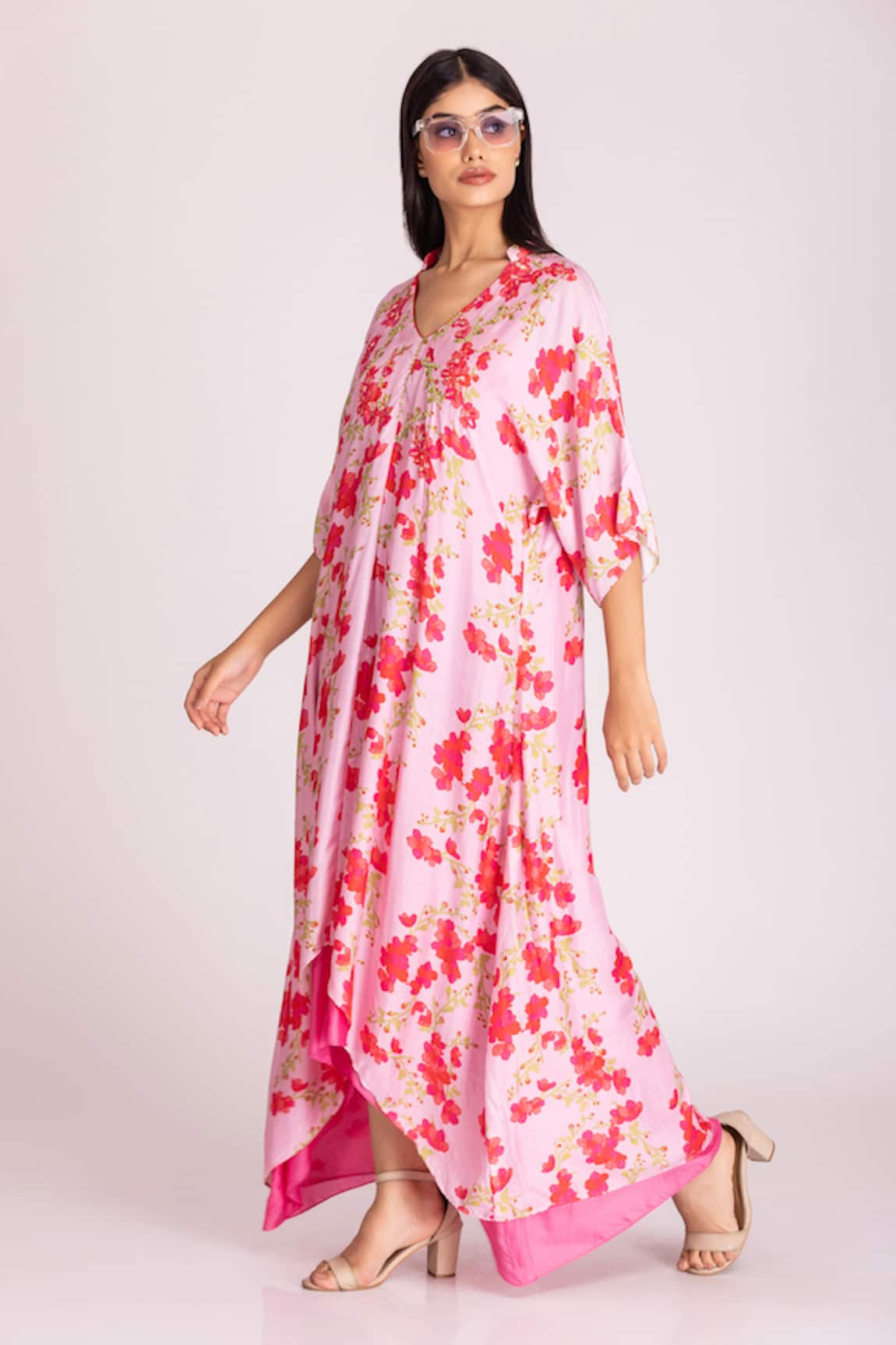 Tanu Malhotra Floral Print High-Low Kaftan With Inner