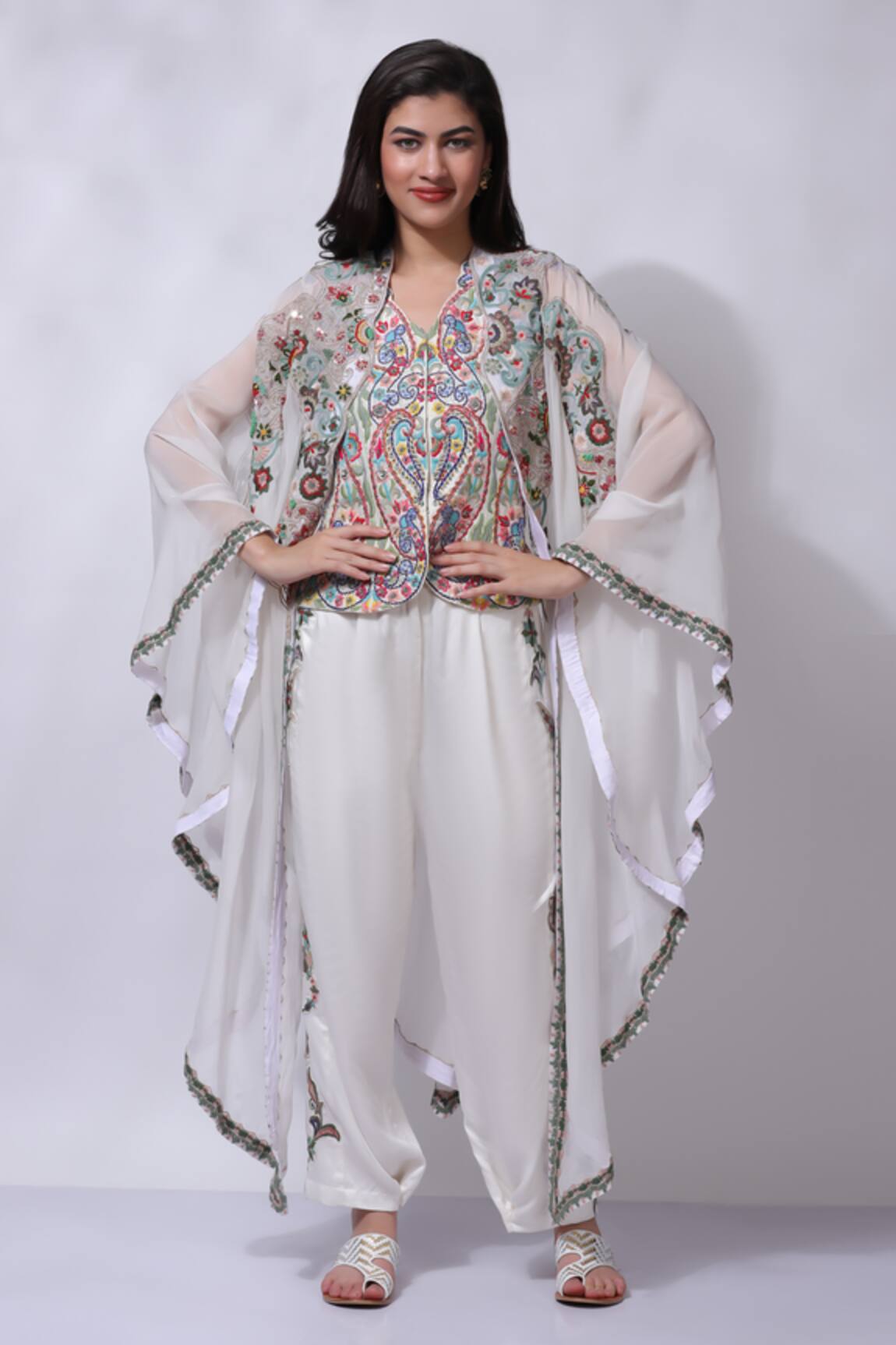 Sonali Gupta Asymmetric Embroidered Cape Pant Set