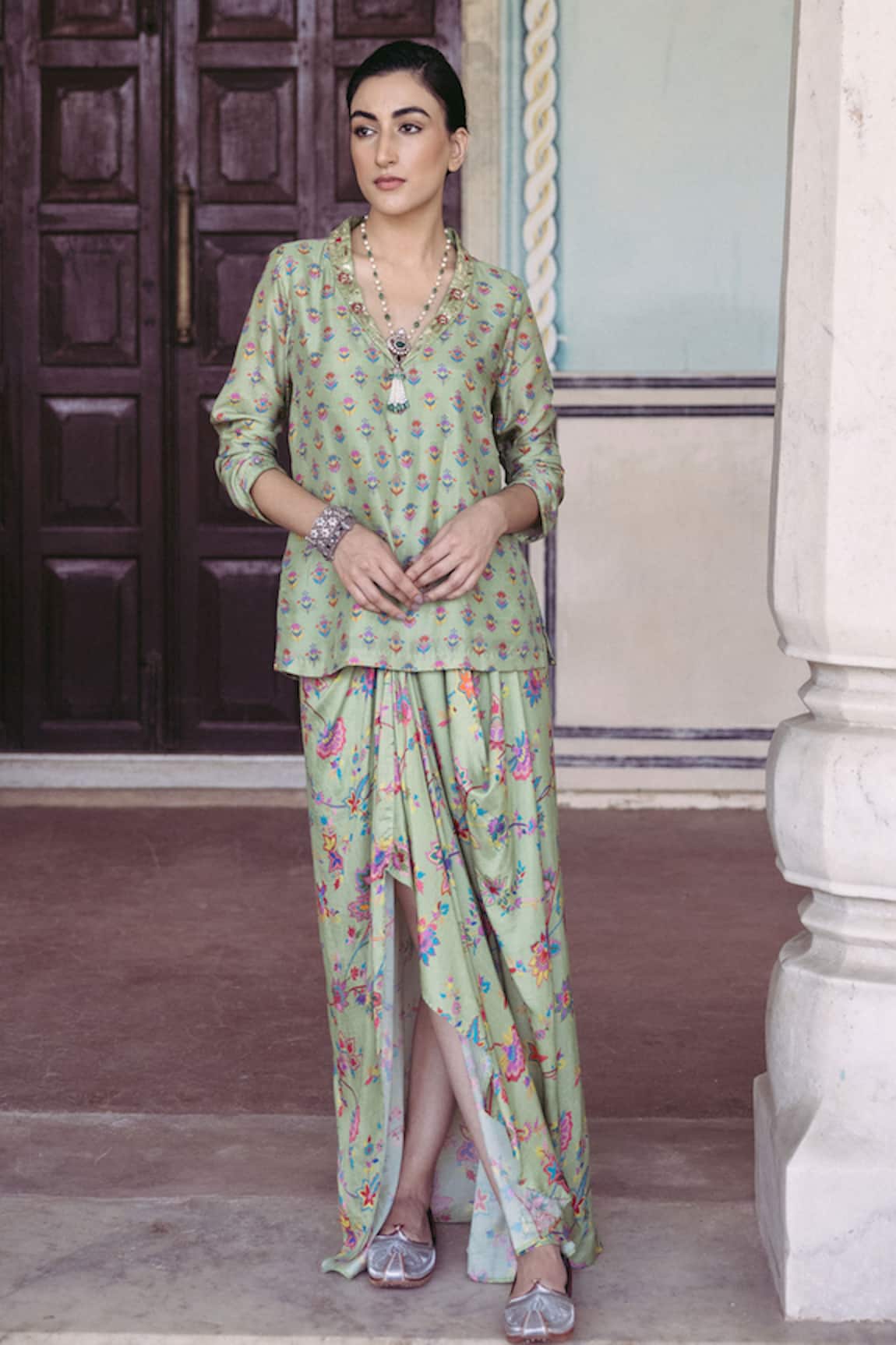 Drishti & Zahabia Printed Kurta & Cowl Draped Skirt Set